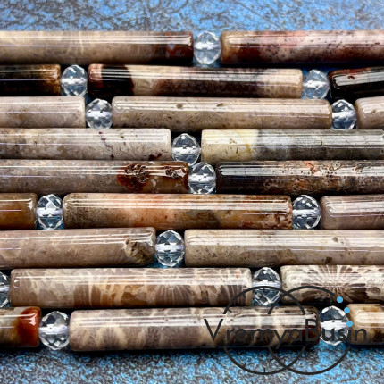 Коралл натуральный окаменелый, бусина трубочка гладкая ок. 7х40 мм (нить, ок. 9 шт.)