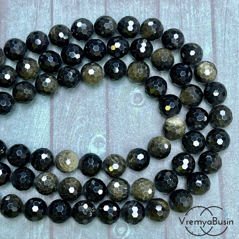 Обсидиан золотой, шарик граненый 10 мм (1/2 нити, ок. 19 шт.)