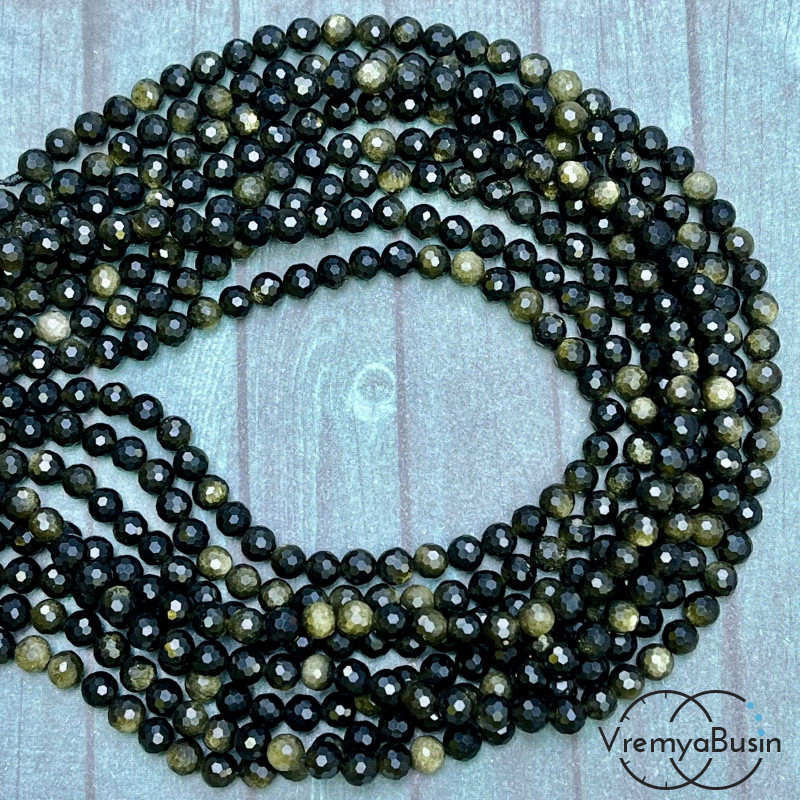 Обсидиан золотой, шарик граненый 6 мм (1/2 нити, ок. 32 шт.)