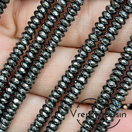 Гематит, рондель граненый 2х4 мм, цв.  черный     (нить, ок. 180 шт.)