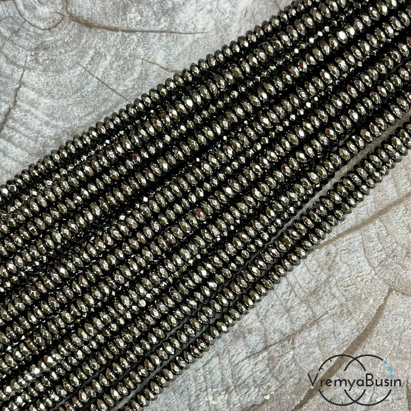 Гематит, рондель граненый 2х4 мм, цв.  черный     (нить, ок. 180 шт.)