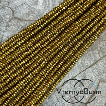 Гематит, рондель граненый 2х4 мм, цв.   золото    (нить, ок. 180 шт.)