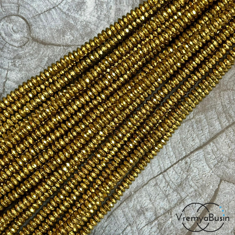 Гематит, рондель граненый 2х4 мм, цв.   золото    (нить, ок. 180 шт.)