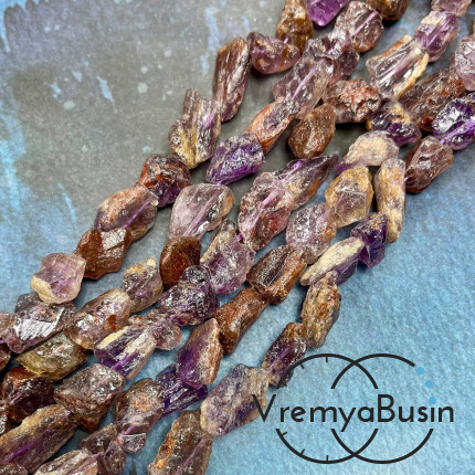 Аметист с гетитом, ауралит, бусины из необработанного камня, ок. 12 мм (нить, ок. 32 шт.)