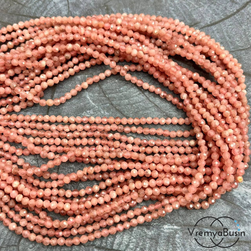 Родохрозит, мелкие бусины с микроогранкой, шарик 3 мм  (нить, ок. 40 см.)