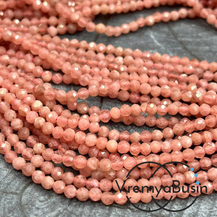Родохрозит, мелкие бусины с микроогранкой, шарик 3 мм  (нить, ок. 40 см.)