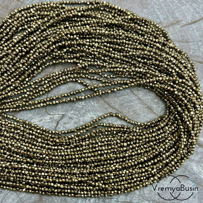 Пирит, мелкие бусины с микроогранкой, шарик 2 мм  (нить, ок. 40 см.)