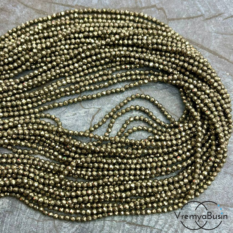 Пирит, мелкие бусины с микроогранкой, шарик 2.5 мм  (нить, ок. 40 см.)