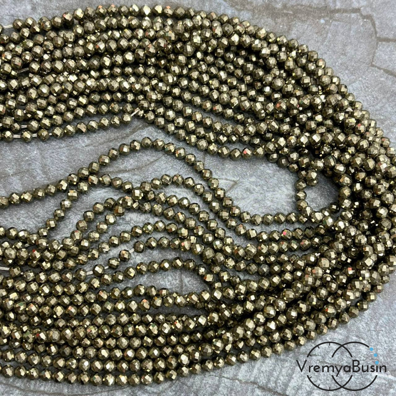 Пирит, мелкие бусины с микроогранкой, шарик 3 мм  (нить, ок. 40 см.)