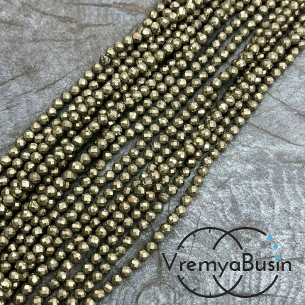 Пирит, мелкие бусины с микроогранкой, шарик 4 мм  (нить, ок. 40 см.)
