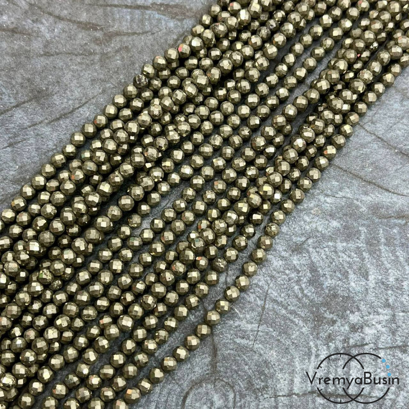 Пирит, мелкие бусины с микроогранкой, шарик 4 мм  (нить, ок. 40 см.)