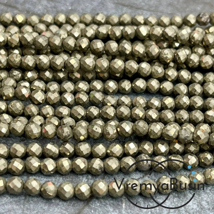 Пирит, мелкие бусины с микроогранкой, шарик 4 мм  (нить, ок. 40 см.)