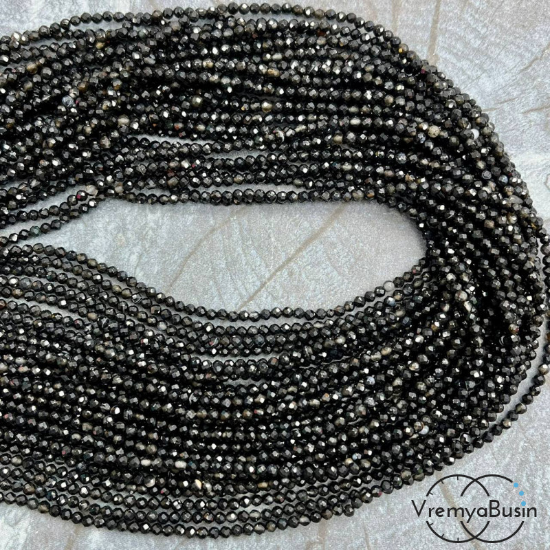 Агат черный, мелкие бусины с микроогранкой, шарик 2 мм  (нить, ок. 40 см.)