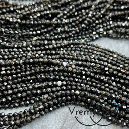 Агат черный, мелкие бусины с микроогранкой, шарик 2 мм  (нить, ок. 40 см.)