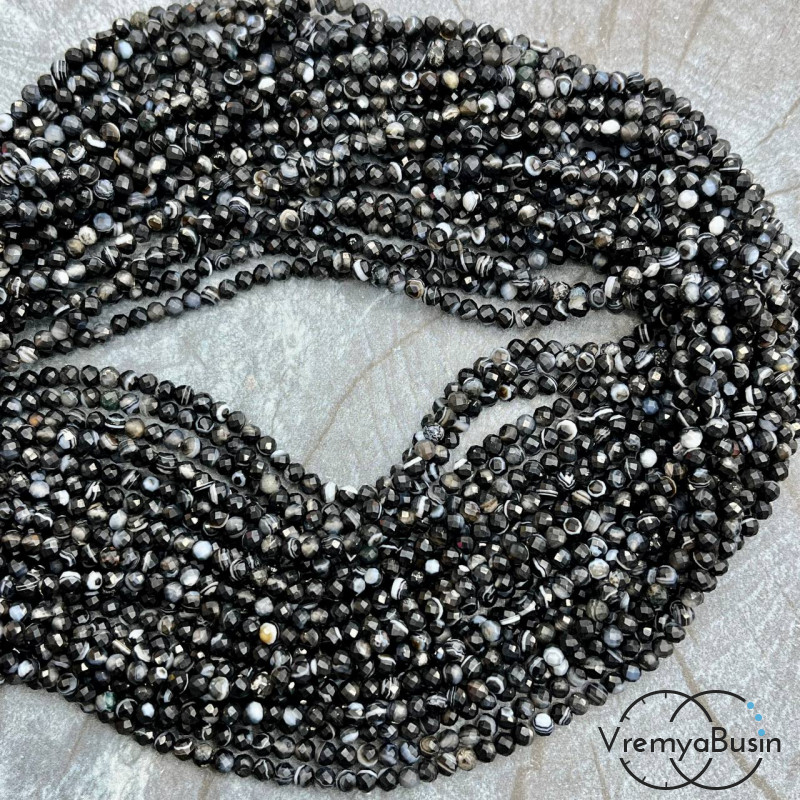 Агат черный, мелкие бусины с микроогранкой, шарик 3 мм  (нить, ок. 40 см.)