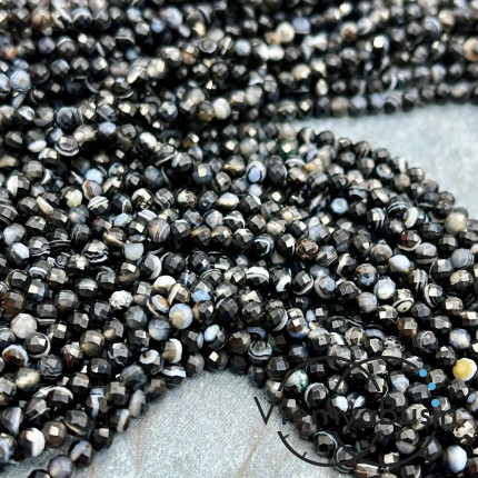Агат черный, мелкие бусины с микроогранкой, шарик 3 мм  (нить, ок. 40 см.)