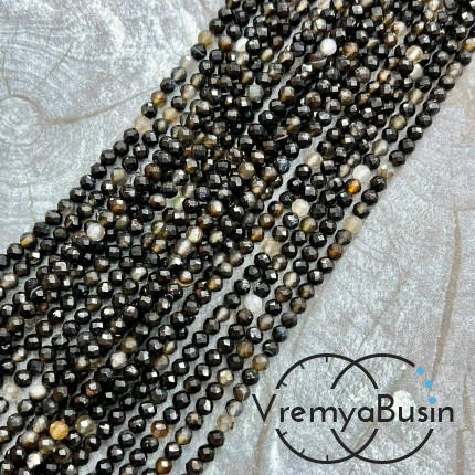 Агат черный, мелкие бусины с микроогранкой, шарик 4 мм  (нить, ок. 40 см.)