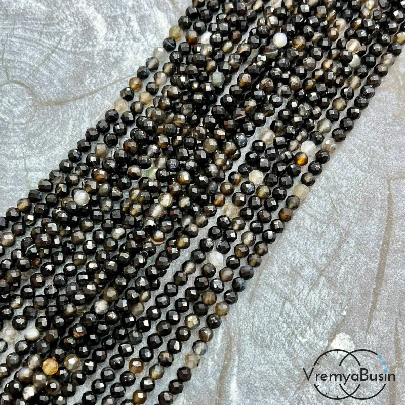 Агат черный, мелкие бусины с микроогранкой, шарик 4 мм  (нить, ок. 40 см.)