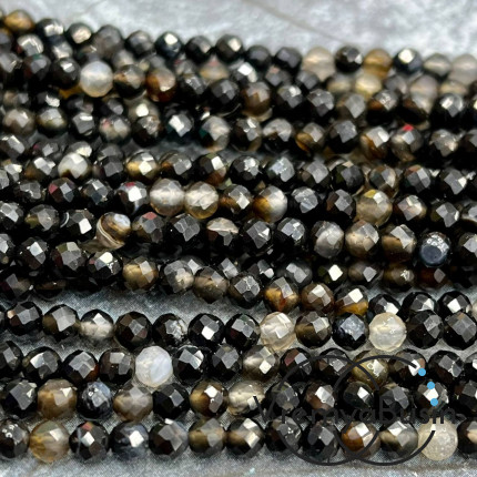 Агат черный, мелкие бусины с микроогранкой, шарик 4 мм  (нить, ок. 40 см.)