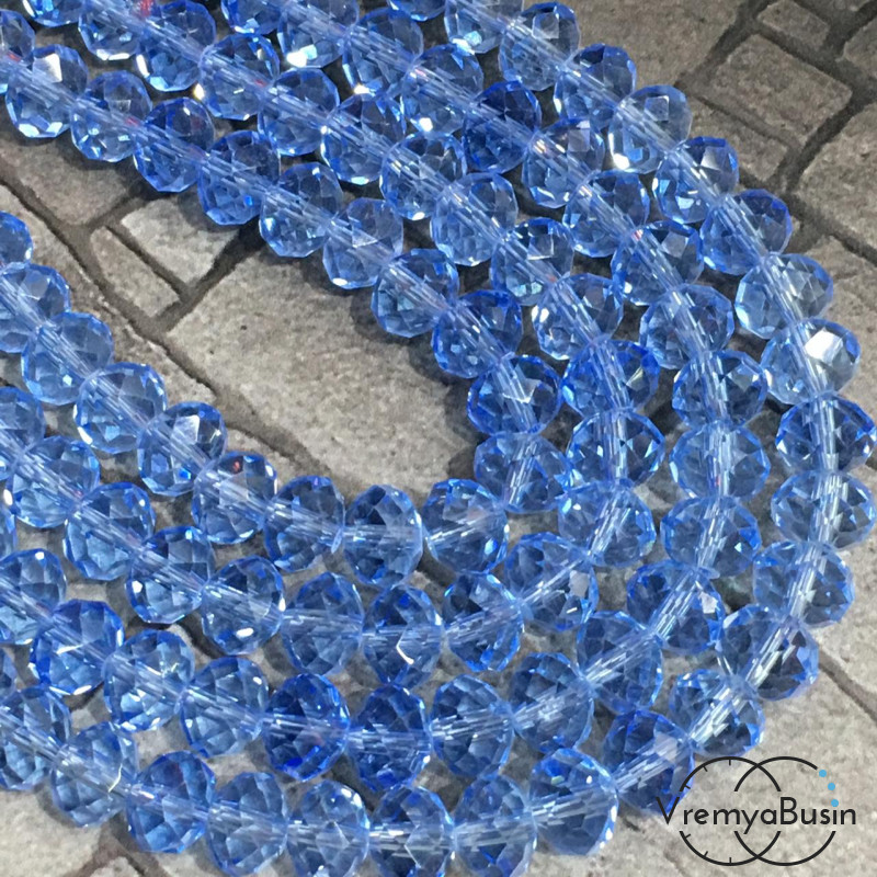 Бусины-рондели из граненого стекла, цв. Голубой, размер 8 мм  (нить, ок. 65  шт.)