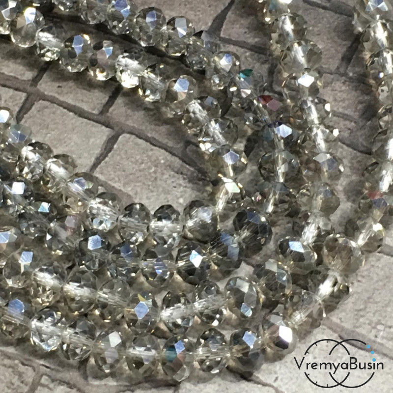 Бусины-рондели из граненого стекла, цв. серый с переливом , размер 8 мм  (нить, ок. 65  шт.)