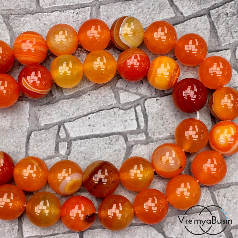 Агат тонированный, гладкий шарик 12 мм, цв. оранжевый  (1/2 нити, ок. 16 шт.)