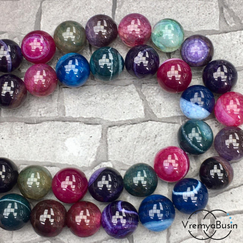 Агат тонированный, гладкий шарик 12 мм, цв. микс  (1/2 нити, ок. 16 шт.)