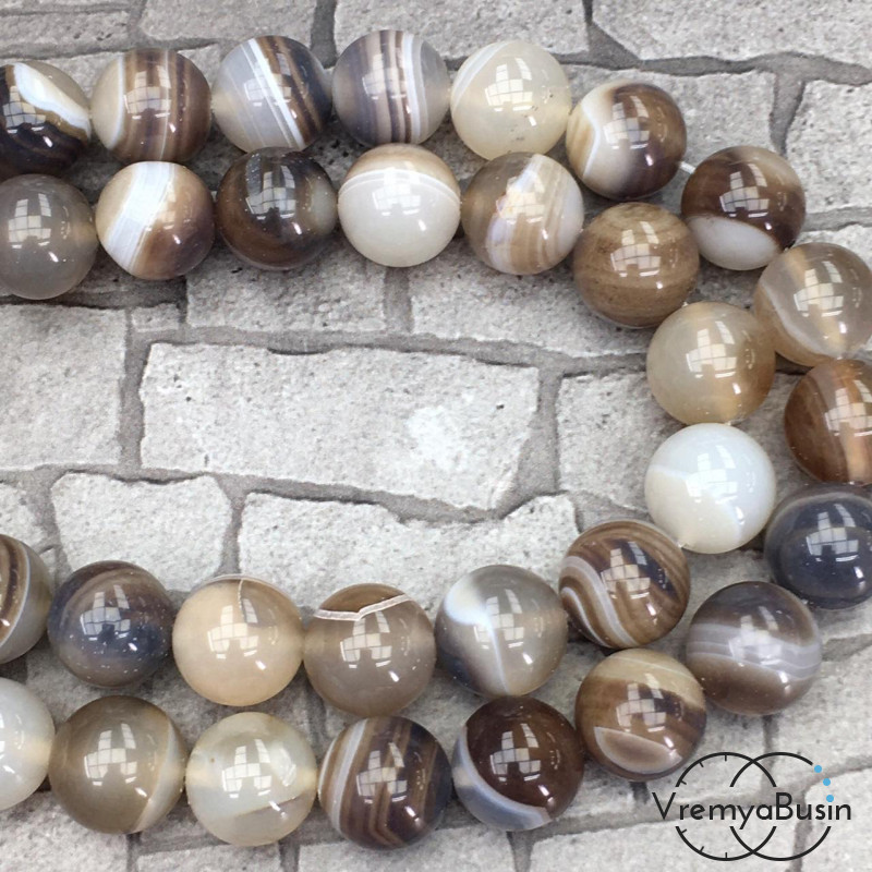 Агат тонированный, гладкий шарик 12 мм, цв. серо-коричневый  (1/2 нити, ок. 16 шт.)