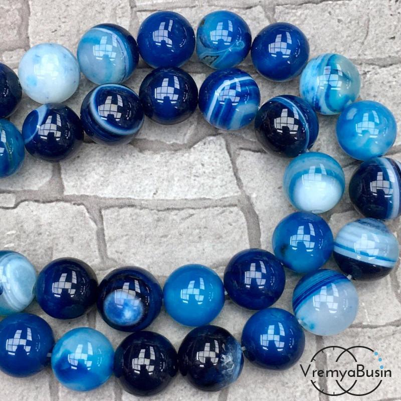 Агат тонированный, гладкий шарик 12 мм, цв. синий  (1/2 нити, ок. 16 шт.)