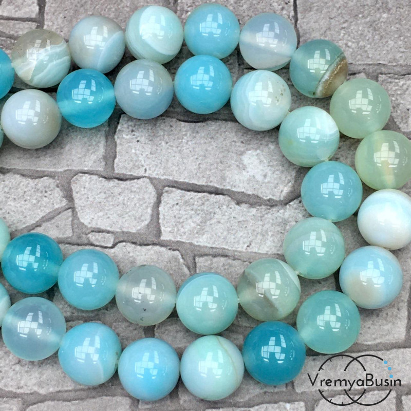 Агат тонированный, гладкий шарик 12 мм, цв. мятный  (1/2 нити, ок. 16 шт.)