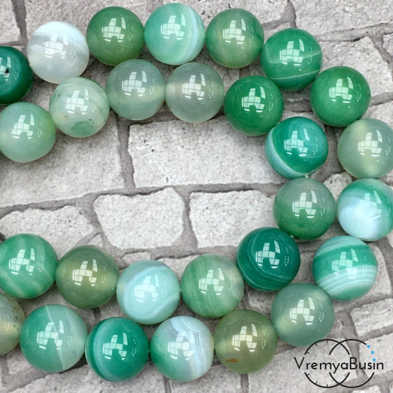 Агат тонированный, гладкий шарик 12 мм, цв. светло-зелёный  (1/2 нити, ок. 16 шт.)