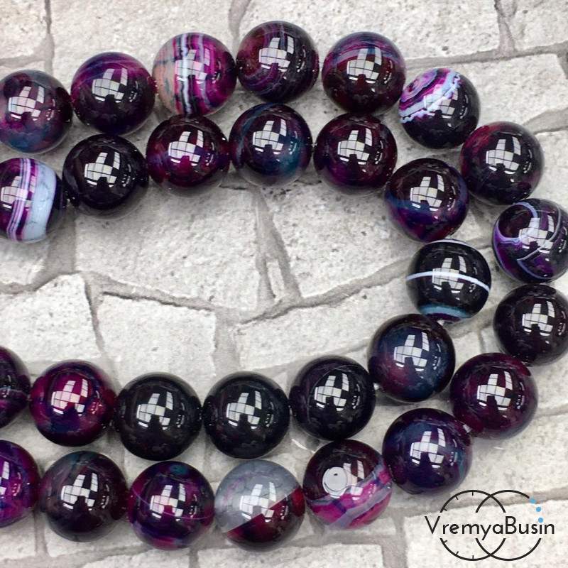 Агат тонированный, гладкий шарик 12 мм, цв. тёмно-фиолетовый  (1/2 нити, ок. 16 шт.)
