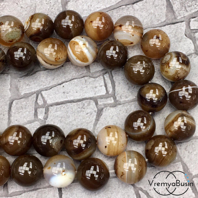 Агат тонированный, гладкий шарик 12 мм, цв. бежево-коричневый  (1/2 нити, ок. 16 шт.)