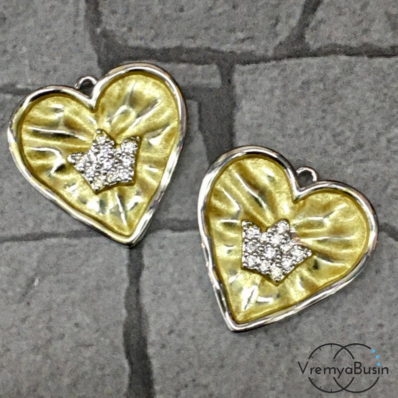 Подвеска с эмалью "Сердце", цв. перламутрово-жёлтый в серебре (1 шт.)