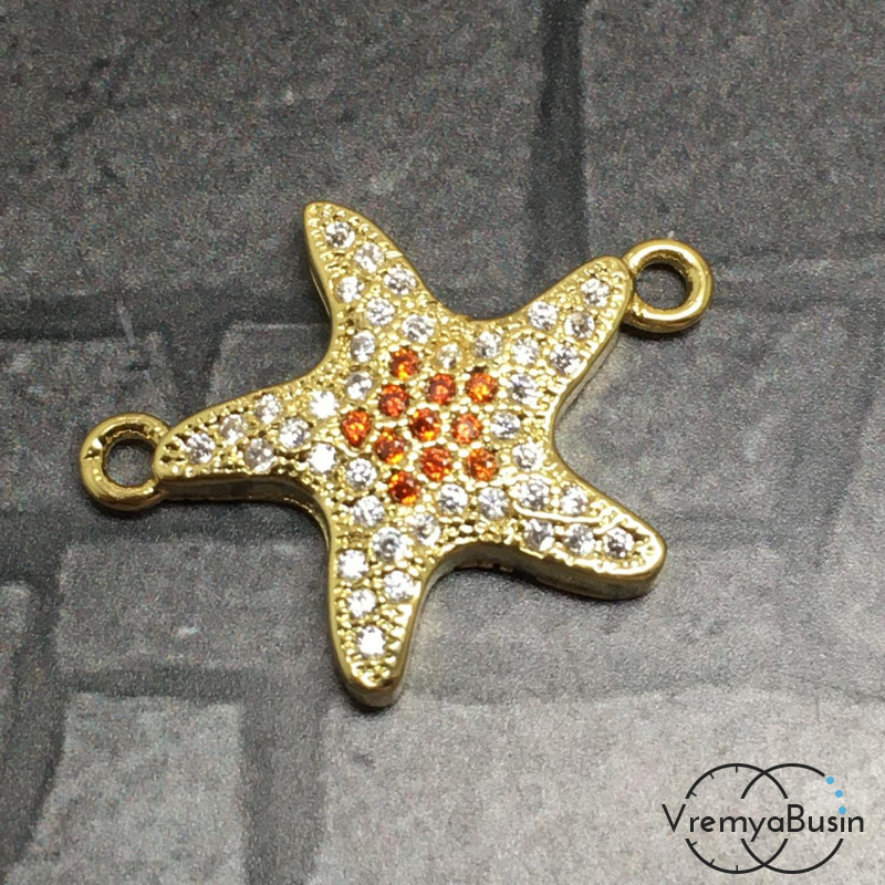 Коннектор с фианитами, латунь с позолотой (1 шт.)