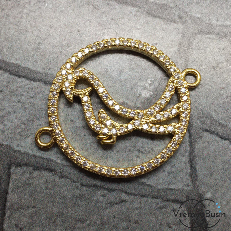 Коннектор с фианитами "Попугай", латунь с позолотой (1 шт.)