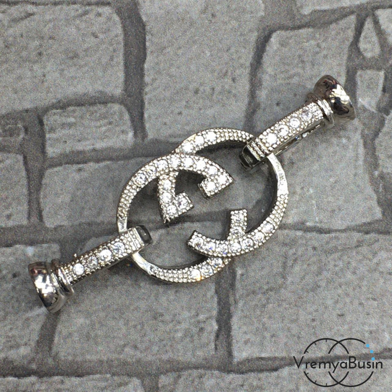 Замок для украшений, латунь с родиевым покрытием и фианитами (1 шт.)