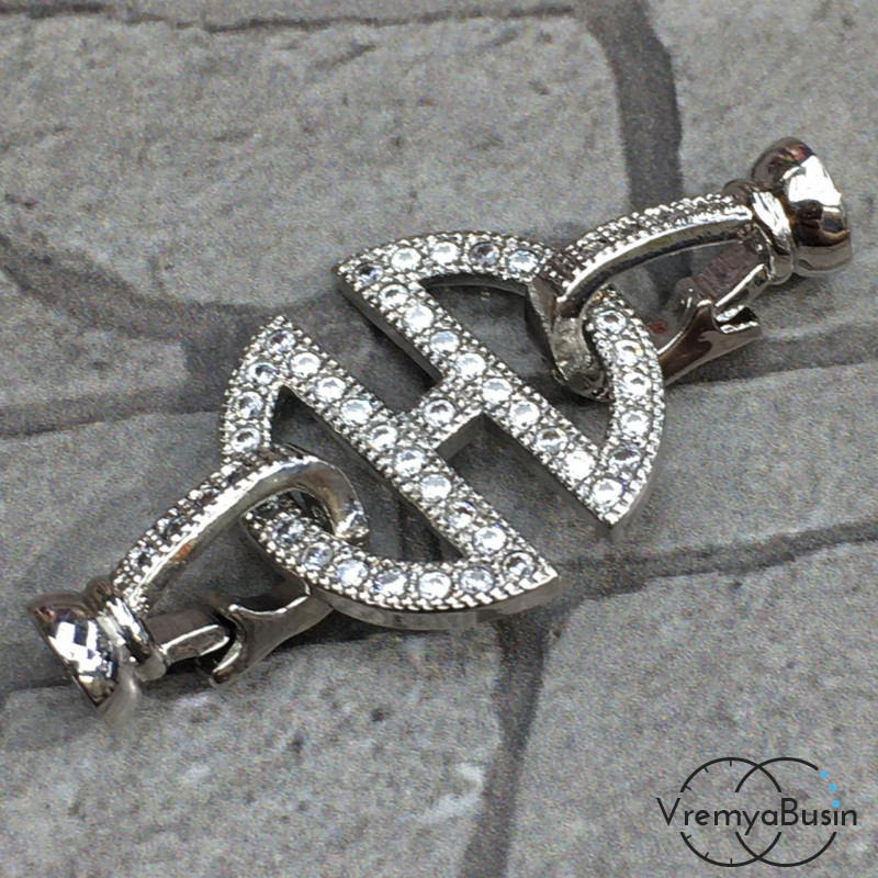 Замок для украшений, латунь с родиевым покрытием и фианитами (1 шт.)