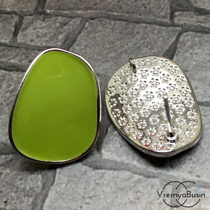 Швензы-гвоздики с эмалью цв. зелёный, латунь с родиевым покрытием (1 пара)