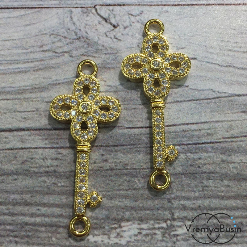 Коннектор с фианитами, латунь с позолотой (1 шт.)