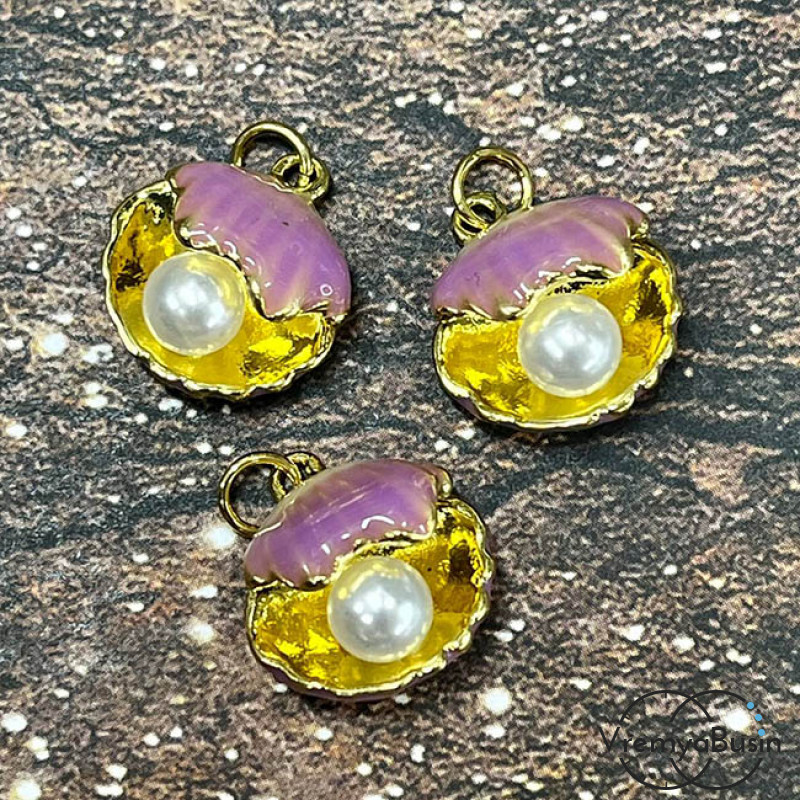 Подвеска с эмалью "Ракушка с жемчужиной", 14х16 мм, латунь с позолотой (1 шт.)