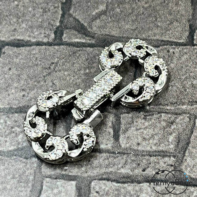 Замок для украшений, 13х30 мм, латунь с родиевым покрытием и фианитами (1 шт.)