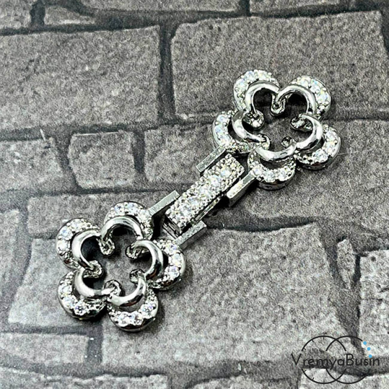 Замок для украшений, 15х40 мм, латунь с родиевым покрытием и фианитами (1 шт.)