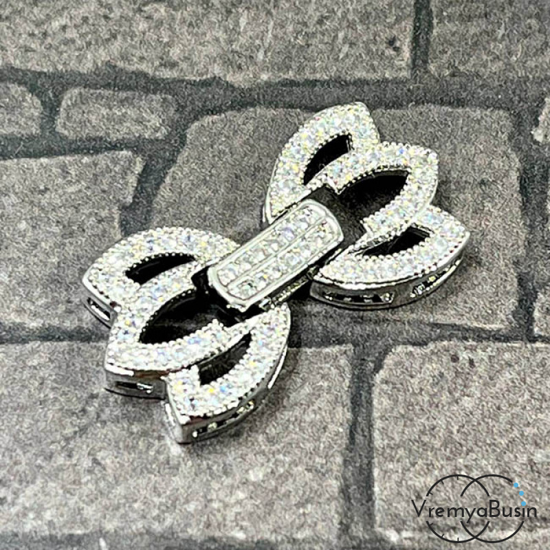 Замок для украшений, 12х24 мм, латунь с родиевым покрытием и фианитами (1 шт.)