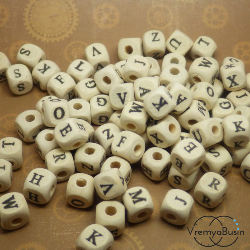 Бусины деревянные с буквами, кубики 10х10 мм, латинский алфавит (1 шт.)