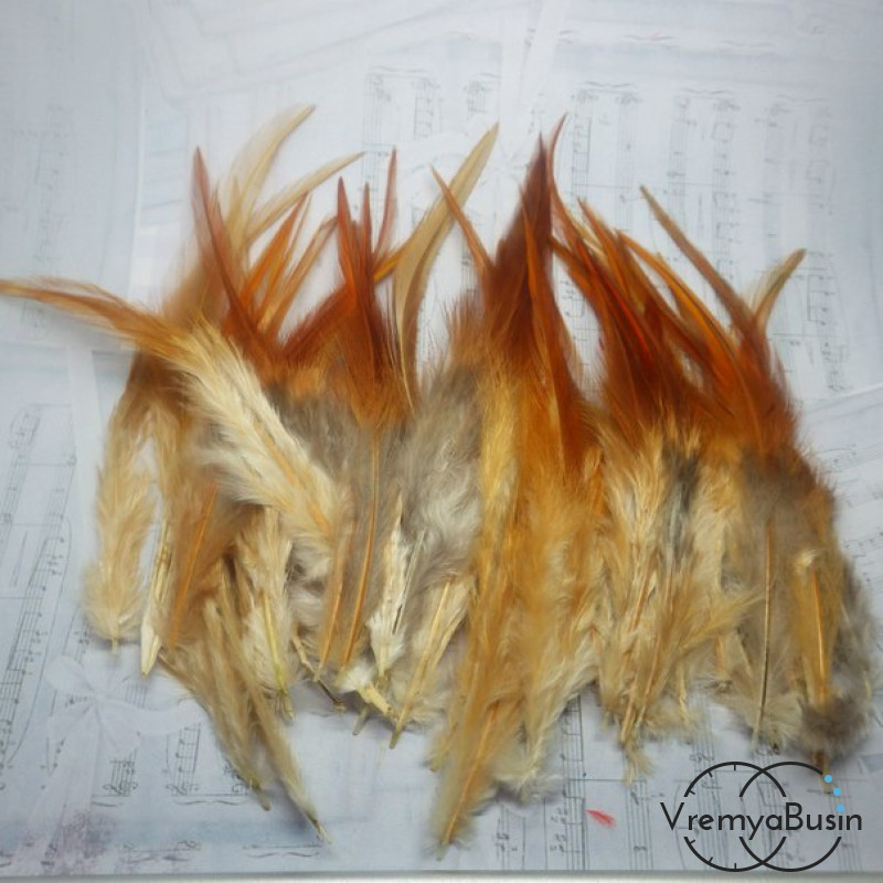 Перо петуха, цвет коричнево-кремовый, длина 10-15 см (1 шт.)