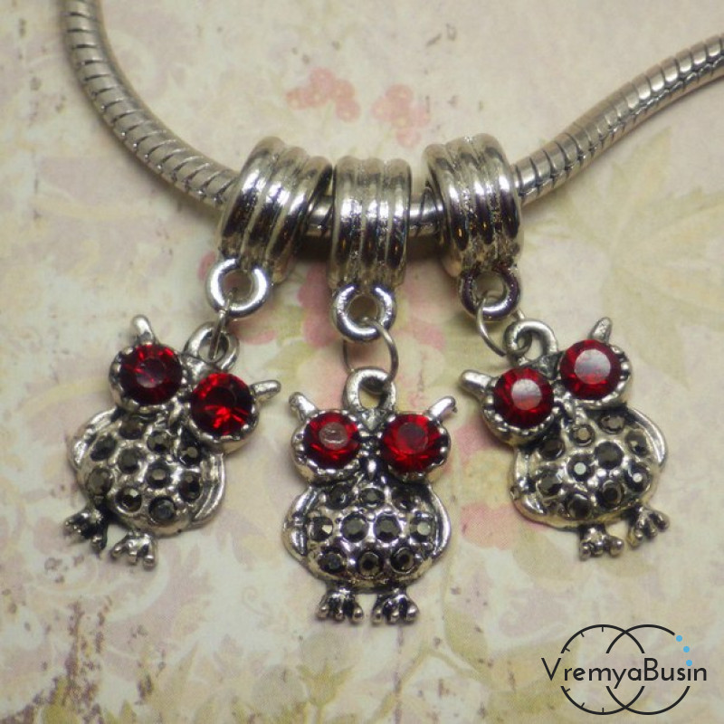 Подвеска в стиле Пандора. Сова с горящими глазами