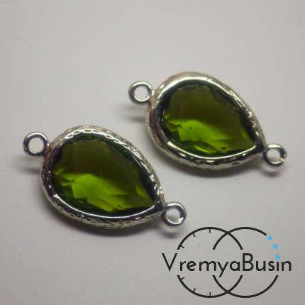 Коннекторы с граненым стеклом, капля 11х16 мм (2 шт.) цв. ОЛИВКОВЫЙ В СЕРЕБРЕ