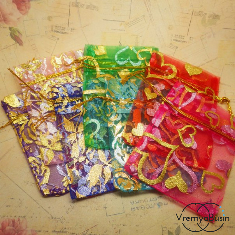 Мешочки из органзы с рисунком, 7х9 мм, микс расцветок (1 шт.)