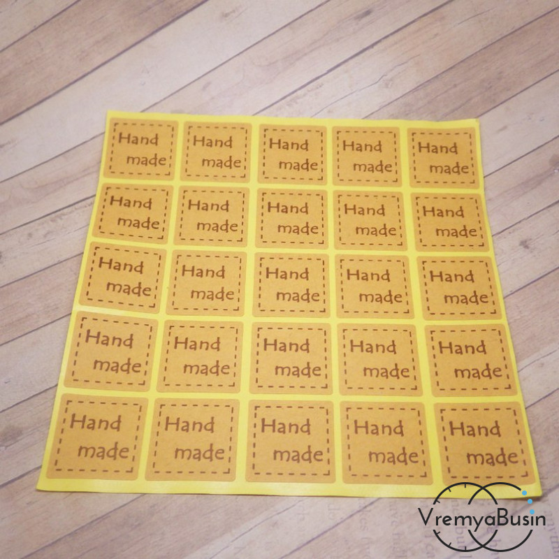 Крафт наклейки "Квадрат с надписью Hand Made"